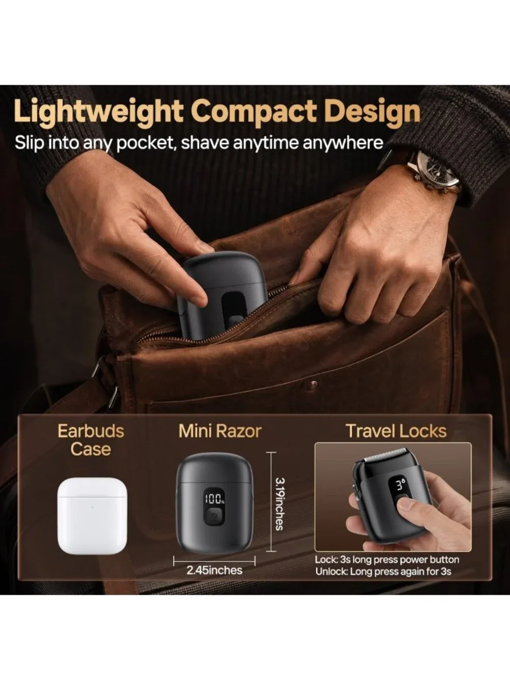 Waterproof Mini Electric Razor for Men, 3-Blade Cordless Shaver with Fast